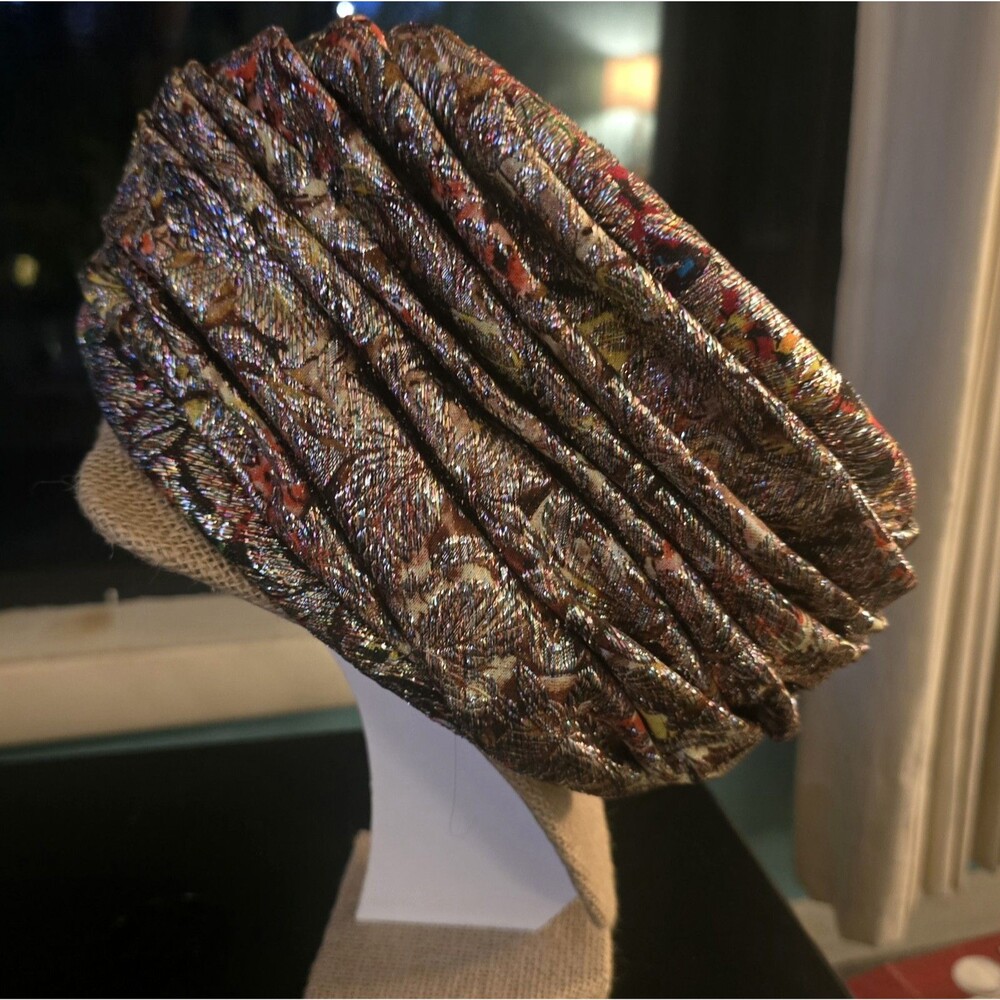 Vintage 60s Sharon Originals Multicolor Metallic Pleated Turban Hat Made In USA
